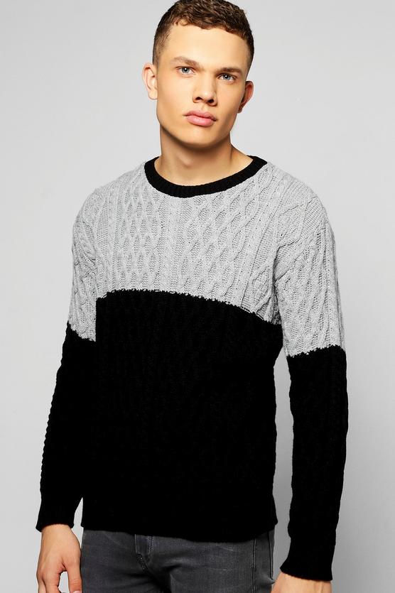 Contrast Cable Knit Crew Neck Jumper